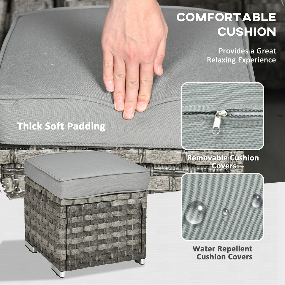 image 1 of Outsunny 7 Pieces PE Rattan Garden Furniture Set, 50,000 BTU Gas Fire Pit Table, Double Corner Sofa and 3 Footstools, 6 Seater Furniture Sofa Sets with Cushions for Conservatory, Grey