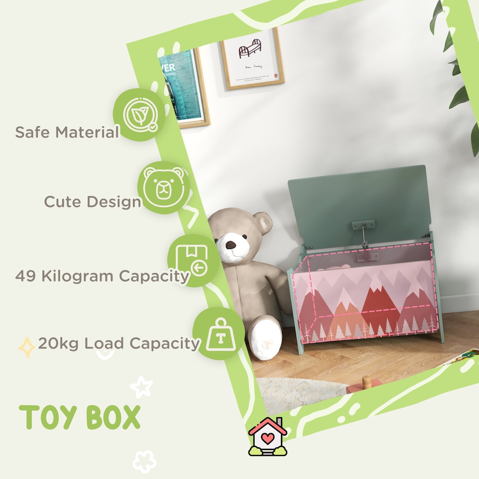 image 1 of ZONEKIZ Toy Box, Kids Toy Chest with Lid, Safety Hinge, Cute Design | Green | 60 x 37 x 39 cm