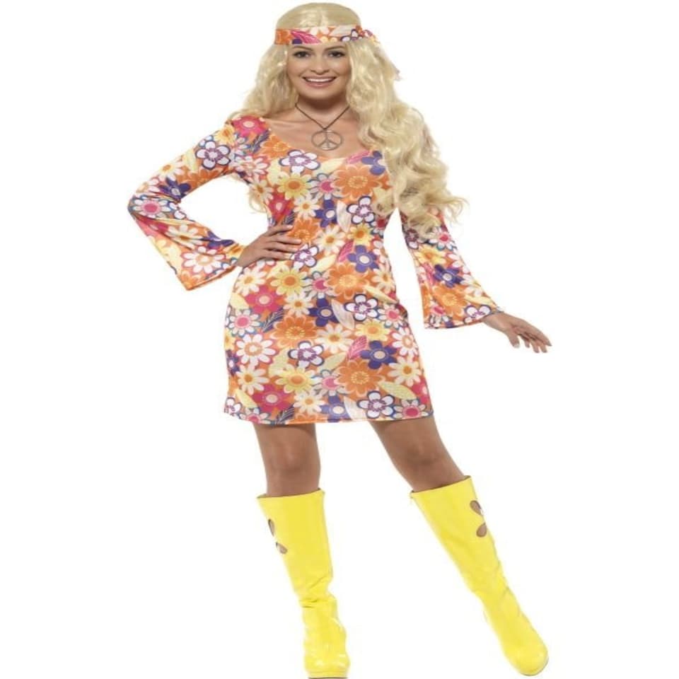Flower Hippie Costume - Multi-Coloured - with Dress - Headscarf & Medallion - 45520L L