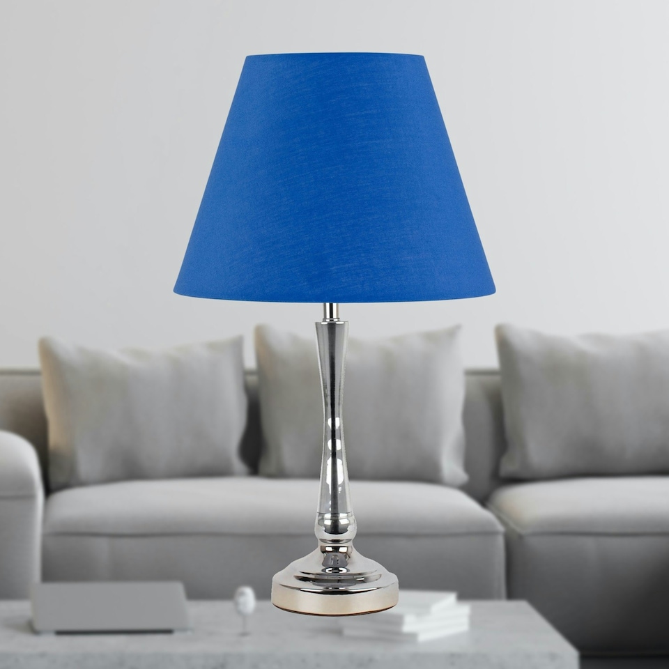 image 1 of Chrome Table Lamp with Stem Detail and Royal Blue Shade Chrome | Blue