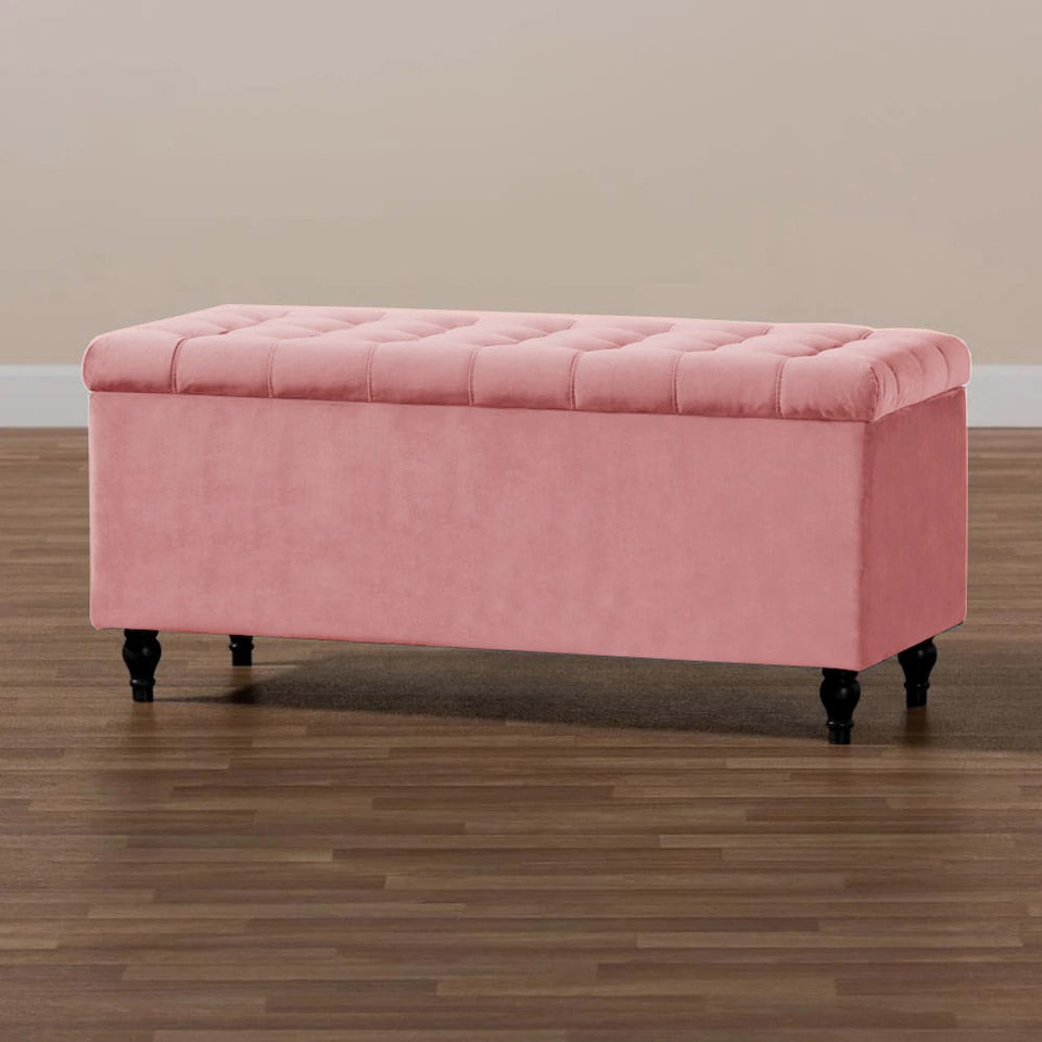 image 1 of 137cm Cubed Ottoman Storage Box,Pink Velvet Upholstered Chesterfield Storage Ottoman Box with Wooden Legs