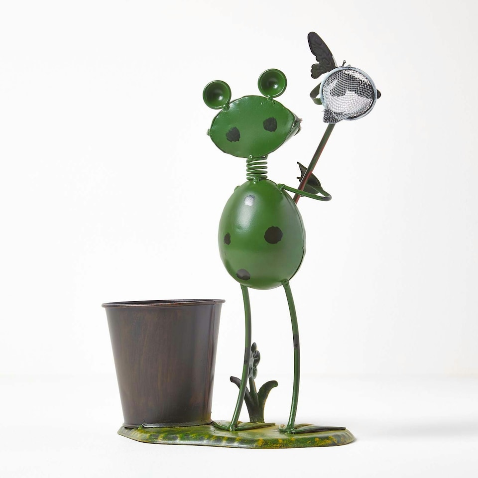 image 1 of Homescapes Metal Frog with Butterfly Net and Flower Pot - 31 cm Tall