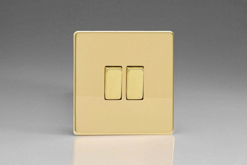 Varilight Flat Plate Screwless Polished Brass 2-Gang Light Switch XDV2S | Multi
