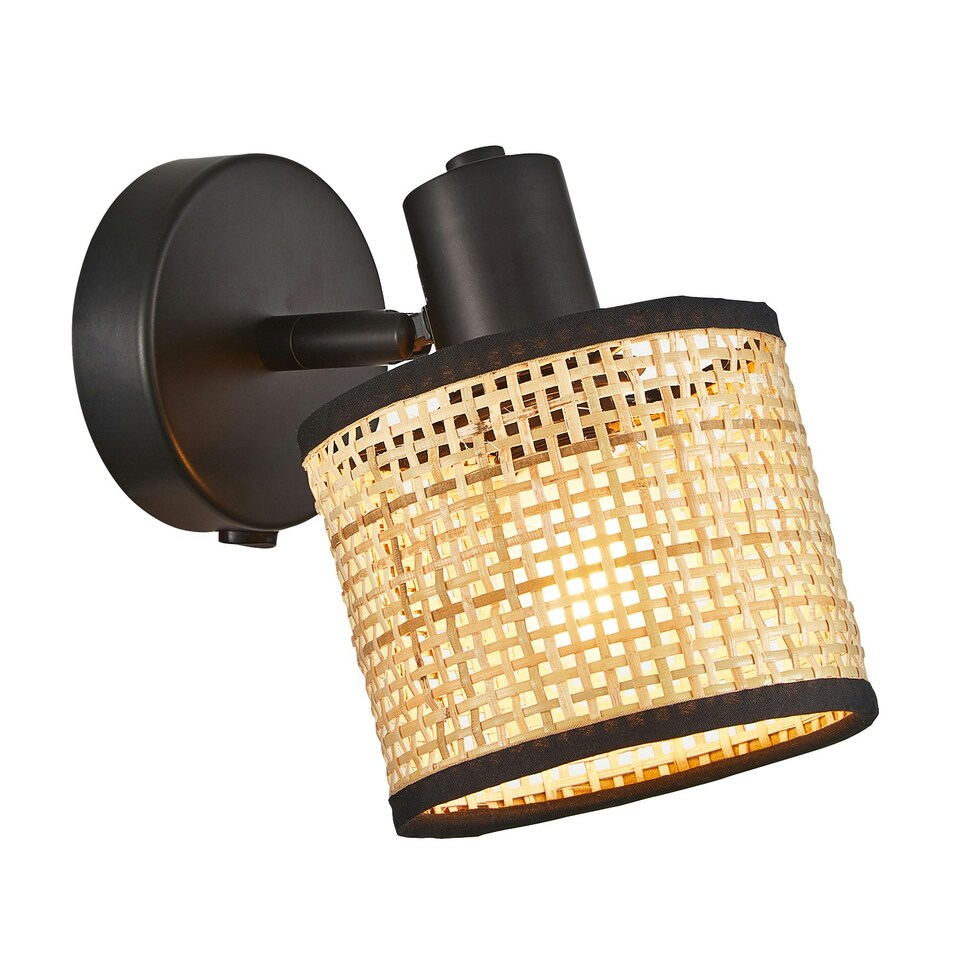 image 1 of Natural Woven Rattan Switched Wall Light Fitting with Black Cotton Fabric Trim