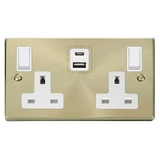 SE HOME Satin / Brushed Brass 2 Gang 13A Type A & C USB Twin Double Switched Plug Socket White | Satin Brass