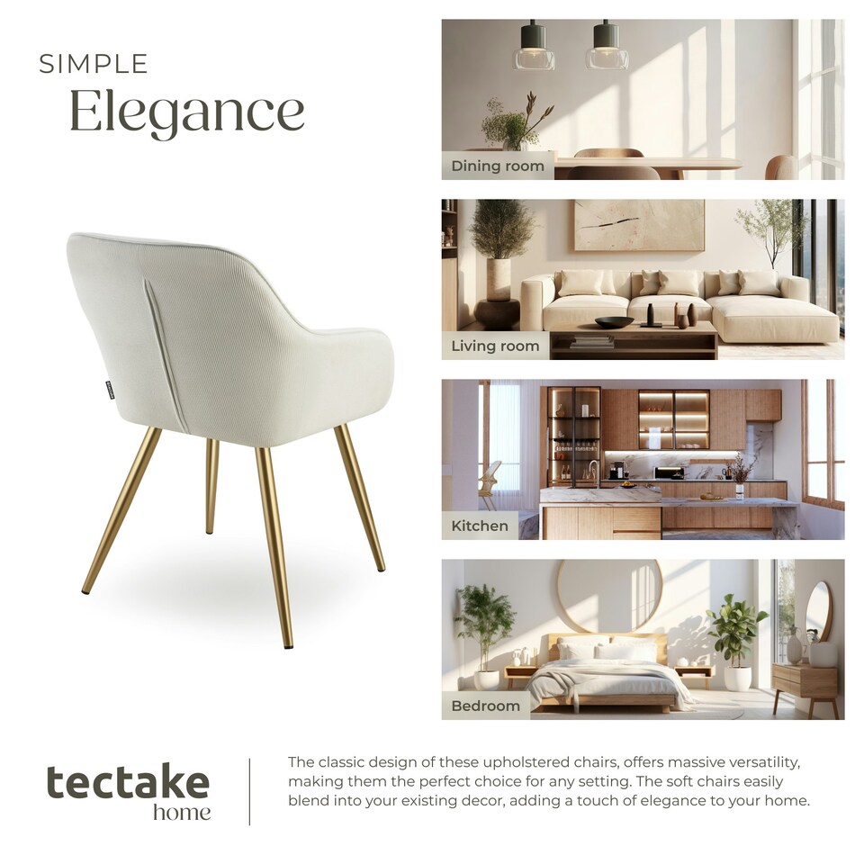 image 1 of Dining Chair Marilyn - corduroy look, upholstered, armchair, continuous backrest - Set of 4 Cream | Cream/Gold