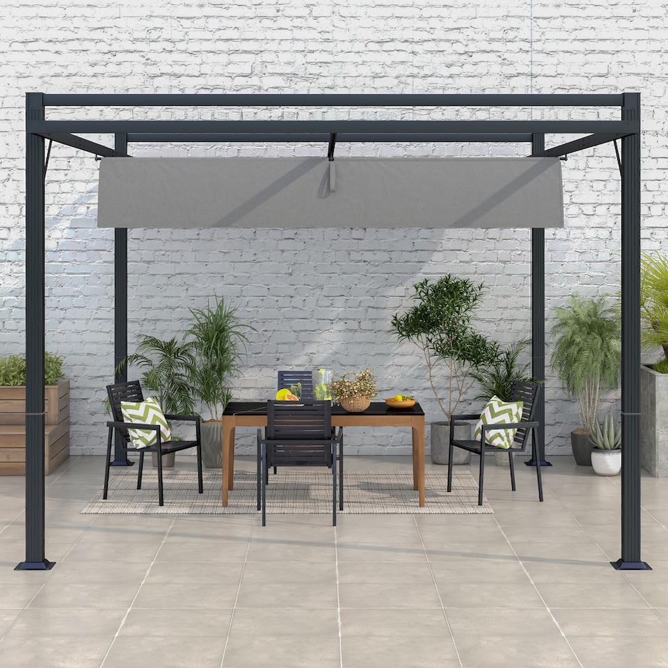 image 1 of Outsunny 3 x 4m Pergola with Retractable Roof Canopy, Aluminium Frame Garden Gazebo Outdoor Sun Shade Shelter for Grill, Patio, Deck, Dark Grey
