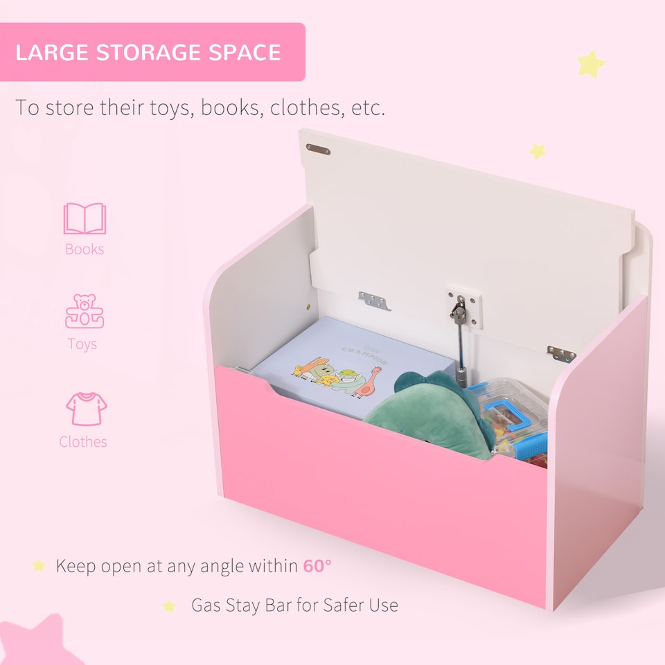 image 1 of HOMCOM Kids Wooden Toy Box Children Storage Chest Bench Organiser Safety Hinge | Pink | 60 x 30 x 50cm