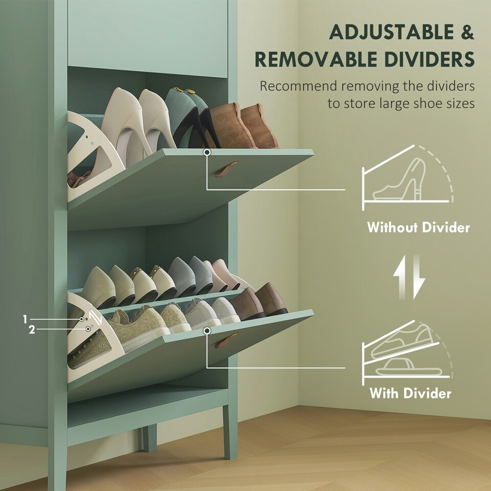 image 1 of HOMCOM 3 Drawer Shoe Cabinet with Flip Doors for Hallway, Entryway Green | 80W x 24D x 131H cm