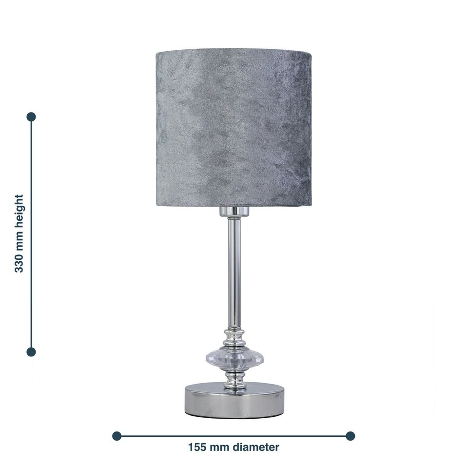 image 1 of First Choice Lighting Set of 2 Chrome Jewelled Table Lamp with Grey Crushed Velvet Shades Chrome | Grey