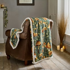 Mushroom Sage Woodland Print Flannel Throw with Sherpa Fleece – 140x180cm Green | Sage