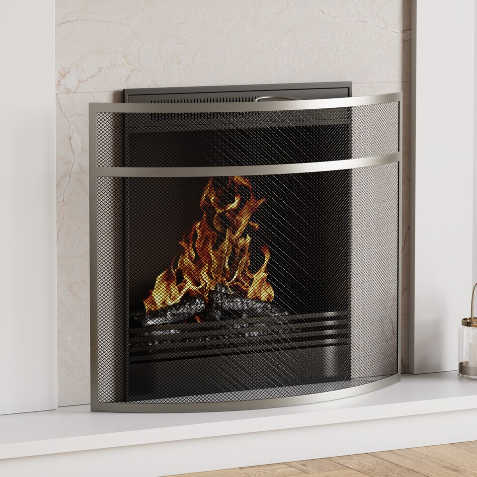 image 1 of Fire Vida Buckton Fire Guard Curved Fireside Fireplace Screen Accessory, Nickel