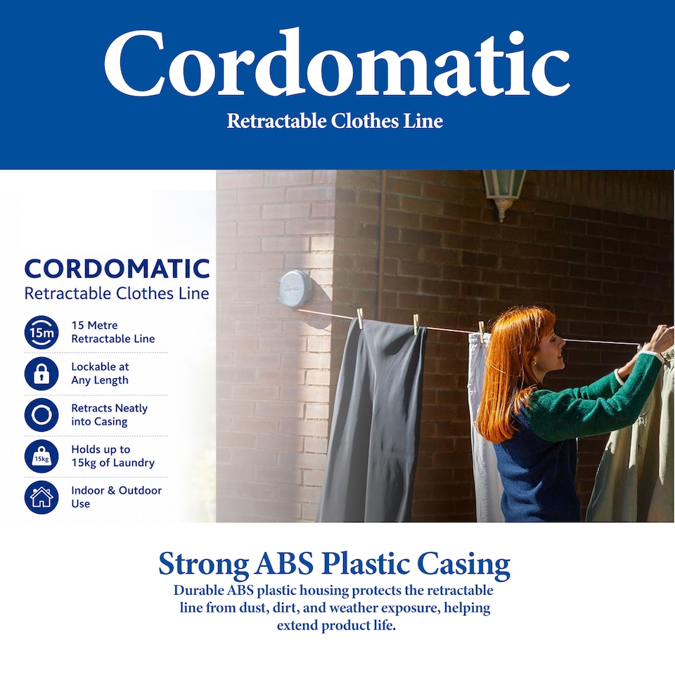image 1 of Vileda Cordomatic Retractable Clothes Line Indoor Outdoor Washing Line 15m