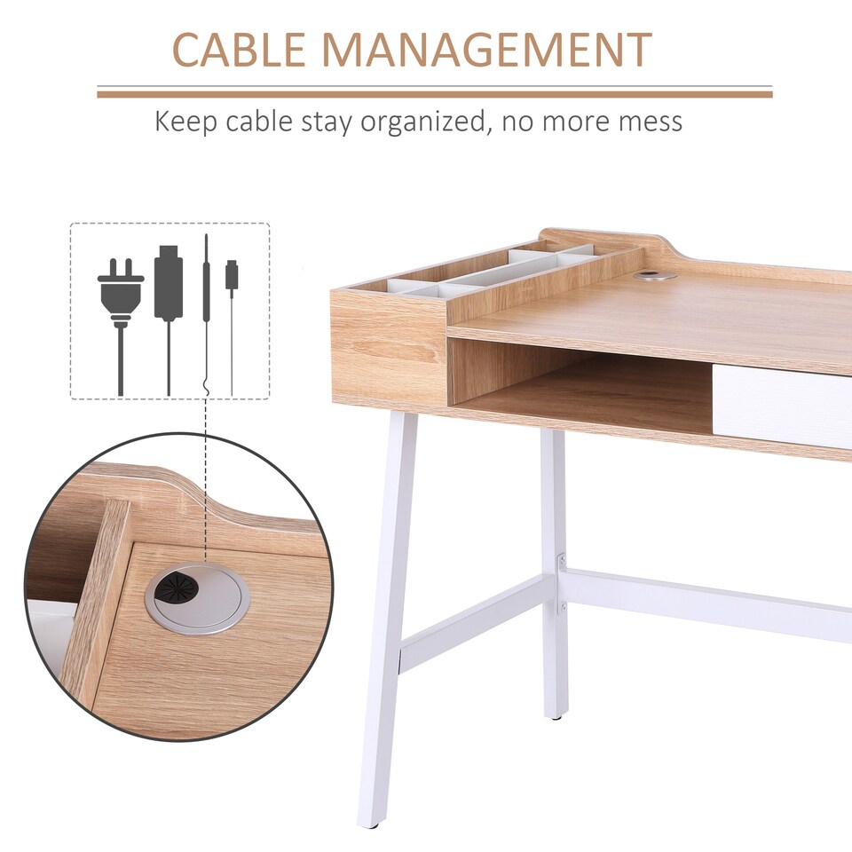 image 1 of HOMCOM Computer Desk, Writing Desk, Study Workstation with Drawer, Storage Compartments, Cable Management, Laptop Table, Metal Frame, 100 x 55 x 81.5cm, Oak and White