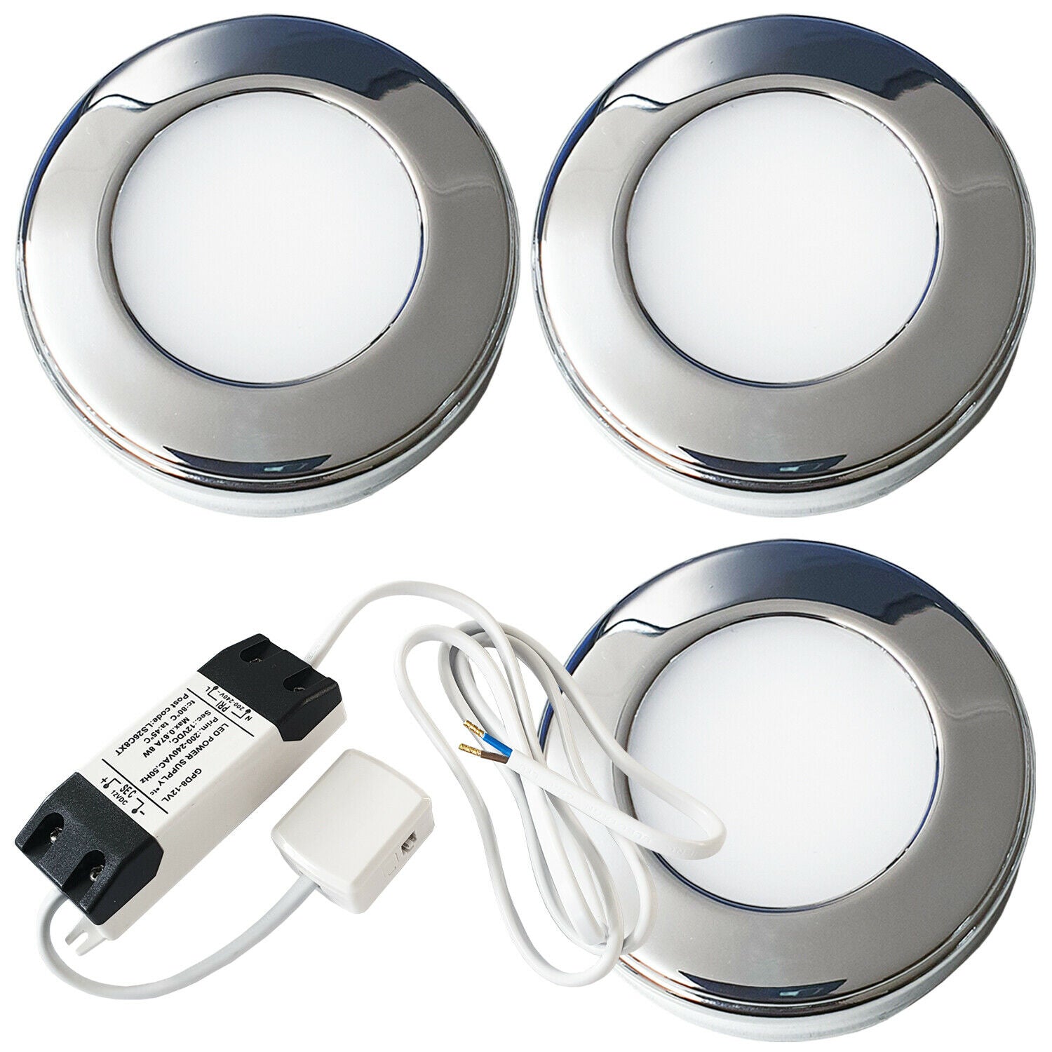 Loops 3x CHROME Round Surface or Flush Under Cabinet Kitchen Light & Driver Kit - Natural White LED
