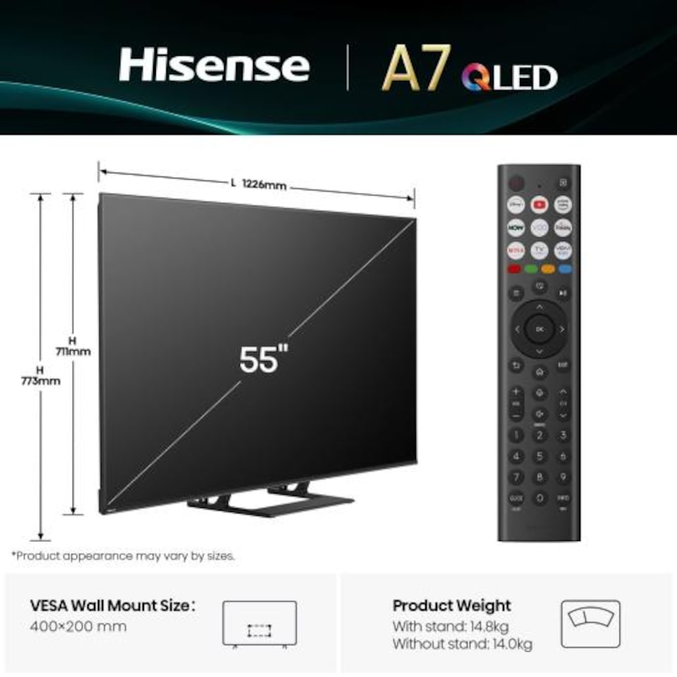 image 1 of Hisense 55A7QTUK 55inch 4K UHD QLED SMART TV WiFi Dolby Atmos