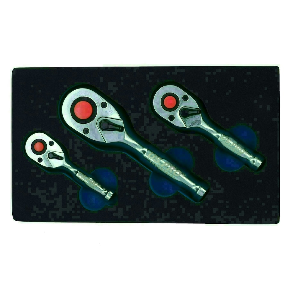 image 1 of 1/4in 3/8in and 1/2in Drive Stubby Headed Ratchet Socket Driver 90 Teeth 3pc
