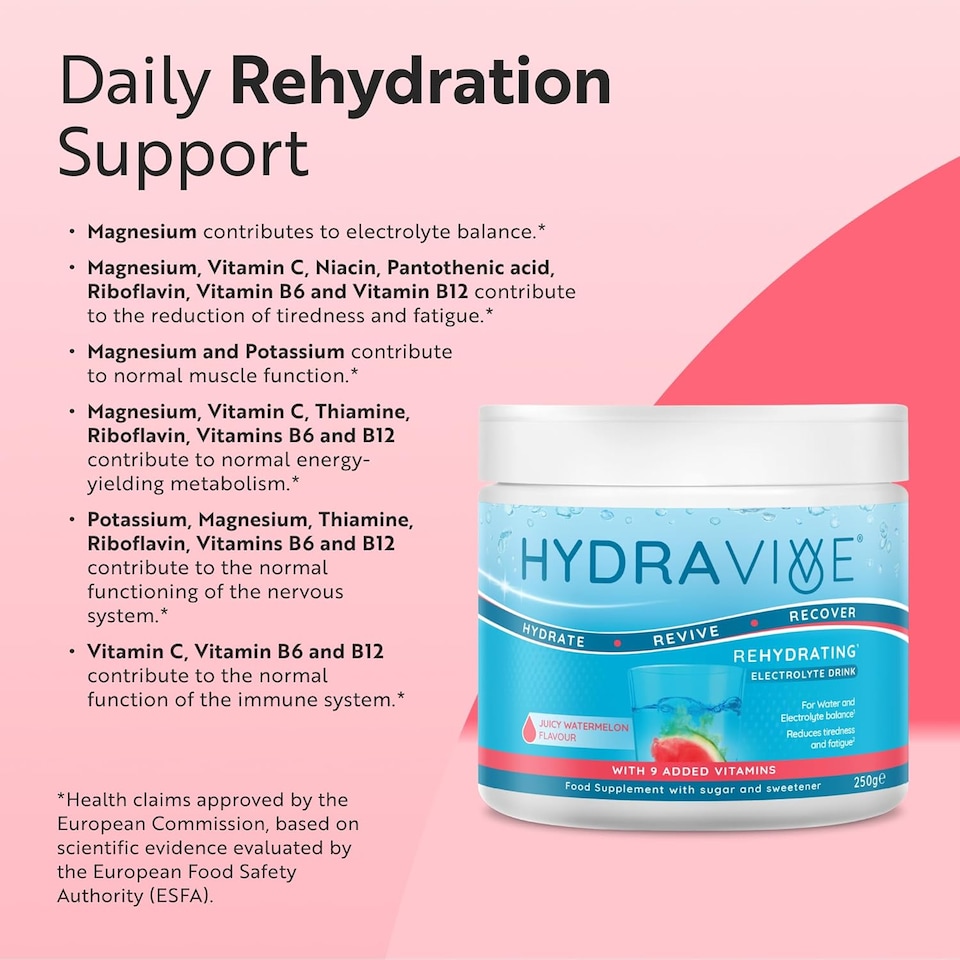 image 1 of Hydravive Rehydration Electrolytes Powder - Watermelon - High Strength Vitamin C & All 8 B Vitamins: B1, B3, B5, B12 - Electrolyte Drinks - 250g