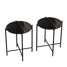 Set of 2 Pcs Marble Effect Tops Square Round Side End Coffee Table Metal Frame | Black | Black Round | 1