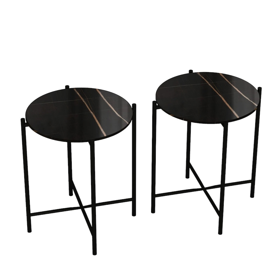 image 1 of Set of 2 Pcs Marble Effect Tops Square Round Side End Coffee Table Metal Frame | Black | Black Round | 1
