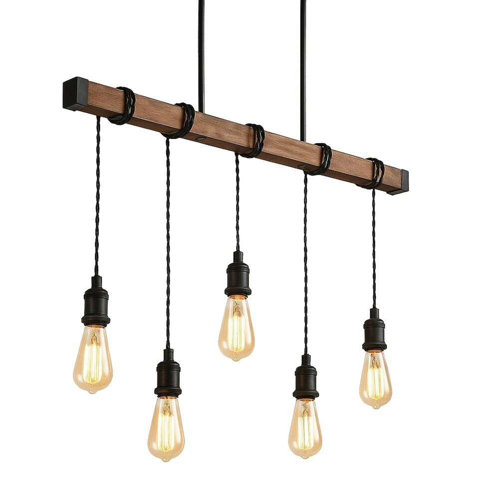 image 1 of Foxton - Wood 5 Light Hanging Bar Pendant Black | Brown