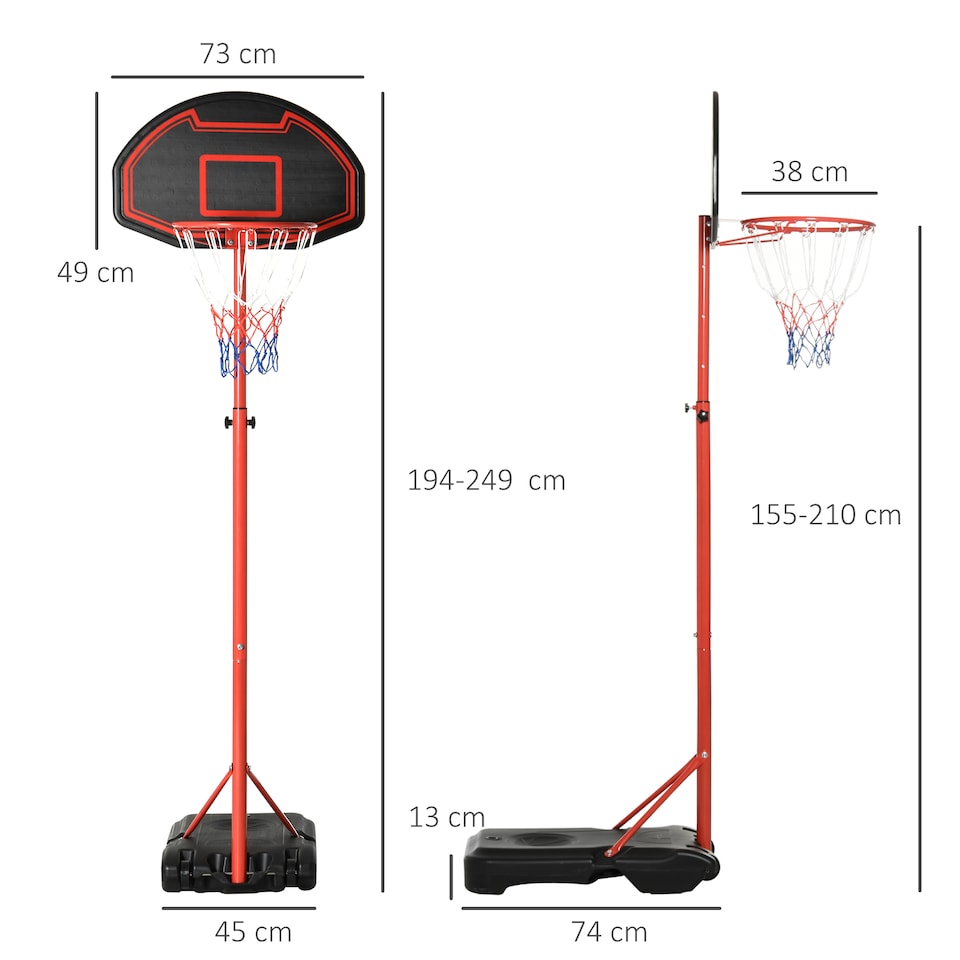 image 1 of HOMCOM 200-250cm Adjustable Basketball Hoop Backboard with Wheels For Kids