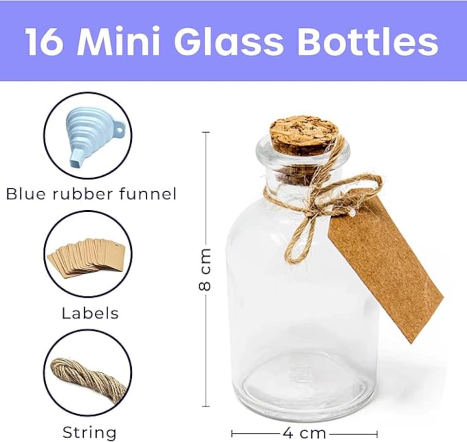 image 1 of 50ml Clear Mini Glass Bottles with Corks and Craft Labels