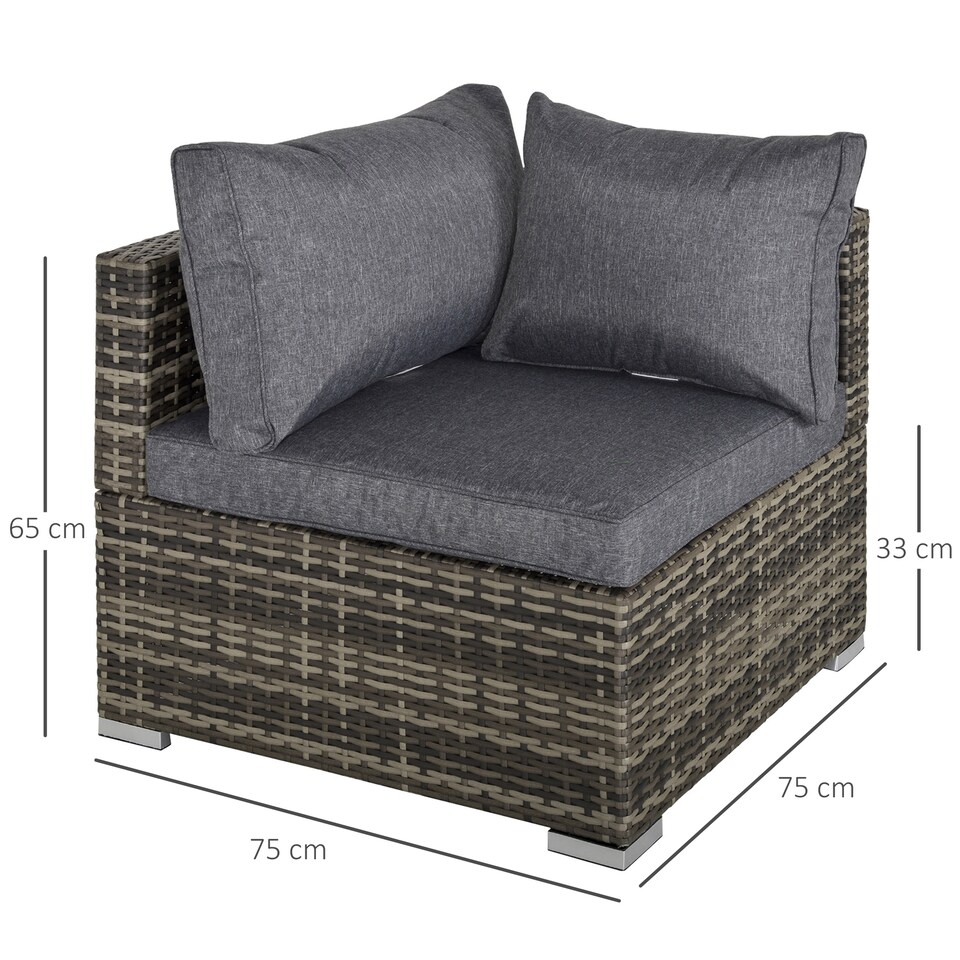 image 1 of Outsunny Outdoor PE Rattan Corner Sofa, Garden Wicker Furniture Single Sofa Chair w/ Cushions, Deep Grey | Grey | One Size