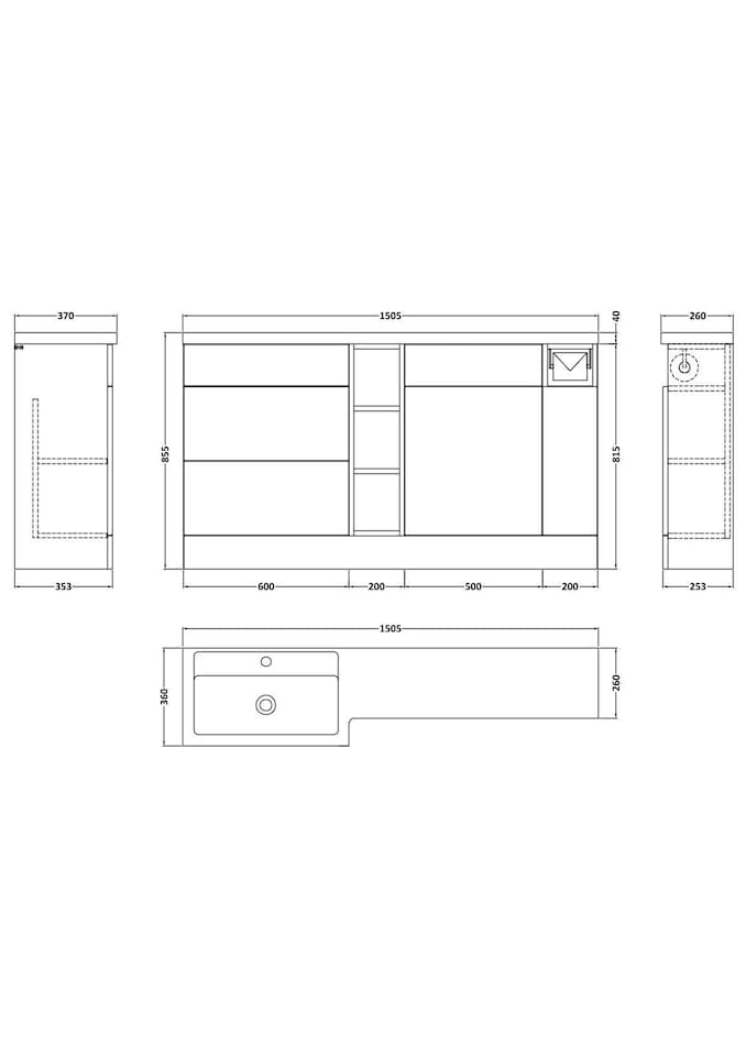 image 1 of Balterley Wichnor Floor Standing 3 Door, Open Shelf Vanity Basin WC Unit with Toilet Roll Holder and Polymarble Basin, 1500mm, Left Hand, Matt White