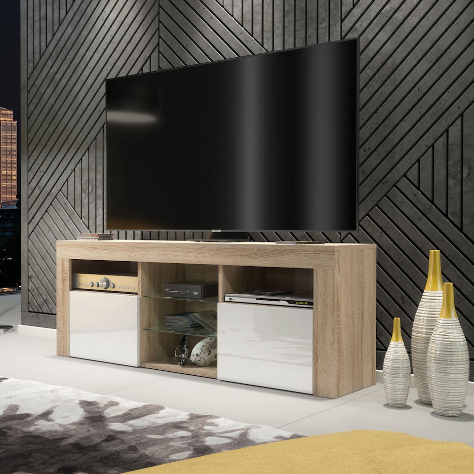 image 1 of TV Unit TV Stand Oak White Gloss Media Console Sideboard Storage Cabinet 145cm