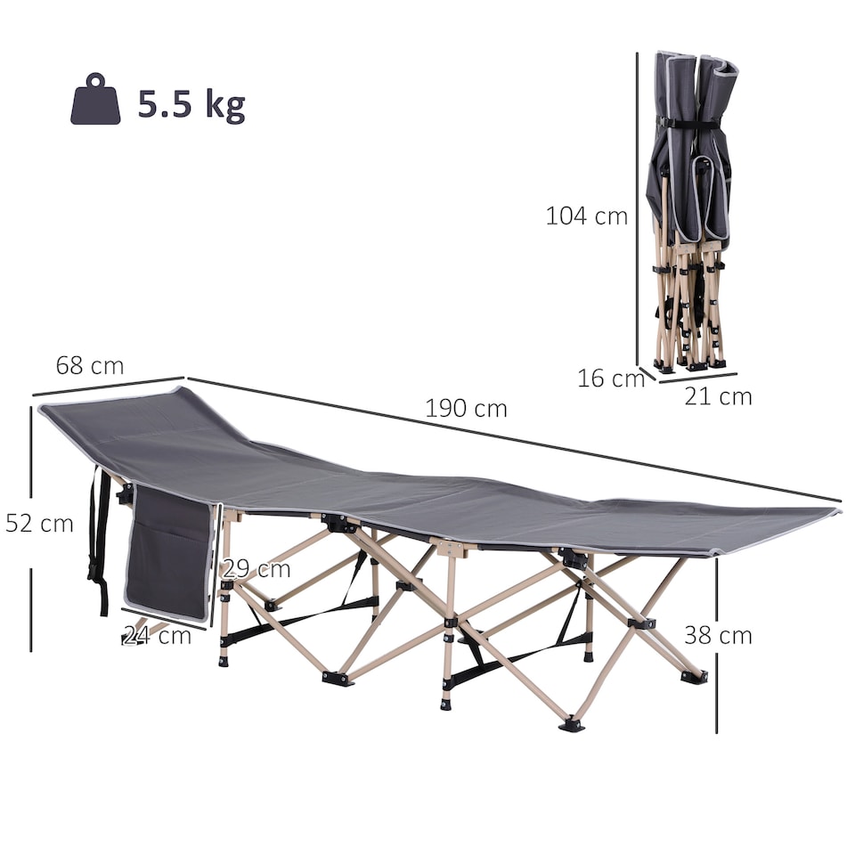 image 1 of Outsunny Single Person Camping Bed Folding Cot Outdoor Patio Portable Military Sleeping Bed Travel Guest Leisure Fishing with Side Pocket and Carry Bag - Grey