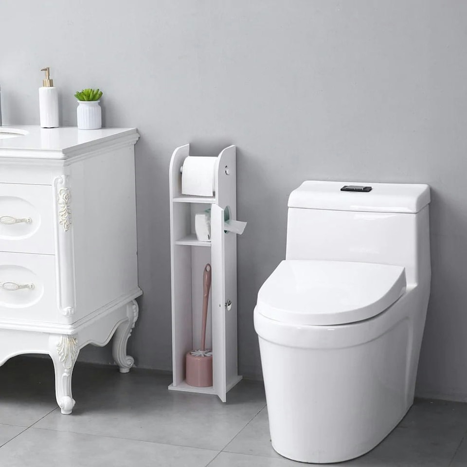 image 1 of Living and Home Wooden Bathroom Cabinet for Toilet Rolls - White 20 W x 18 D x 78 Hcm