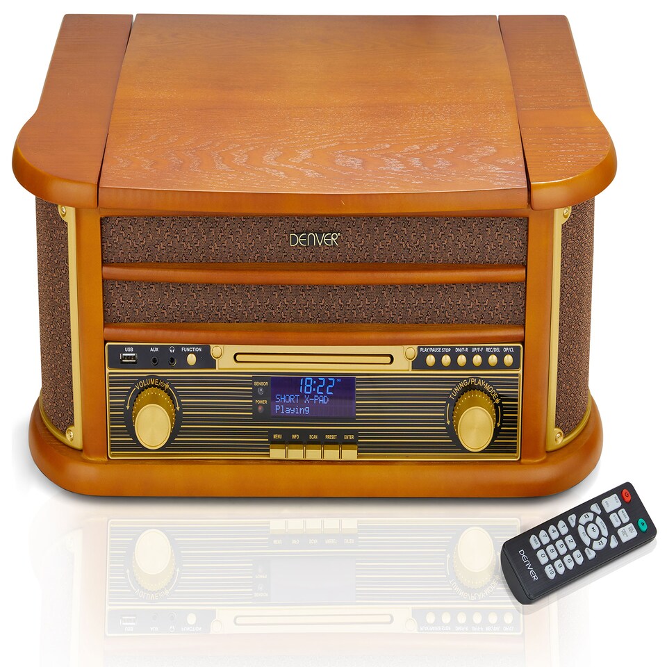 image 1 of Denver 9-in-1 Retro Vintage DAB Bluetooth Wooden Radio Record Player - MRD-51BT | Brown | Vintage Wood