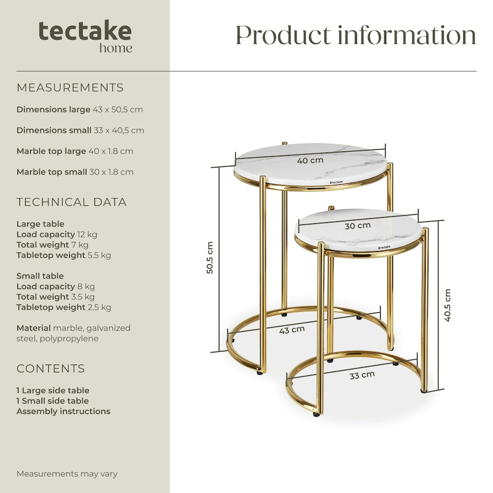 image 1 of Side Table Ellsa - marble top, steel frame, elegant design - Set of 2 | White | Gold
