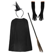 Witch Costume Set Cape, Gloves, Mini Hat & Broom | Black | One Size
