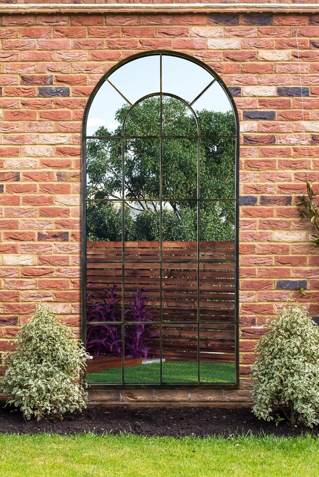 image 1 of The Arcus - Antique Black Framed Arched Window Garden Mirror 71"x33.5" 180x85CM | Black