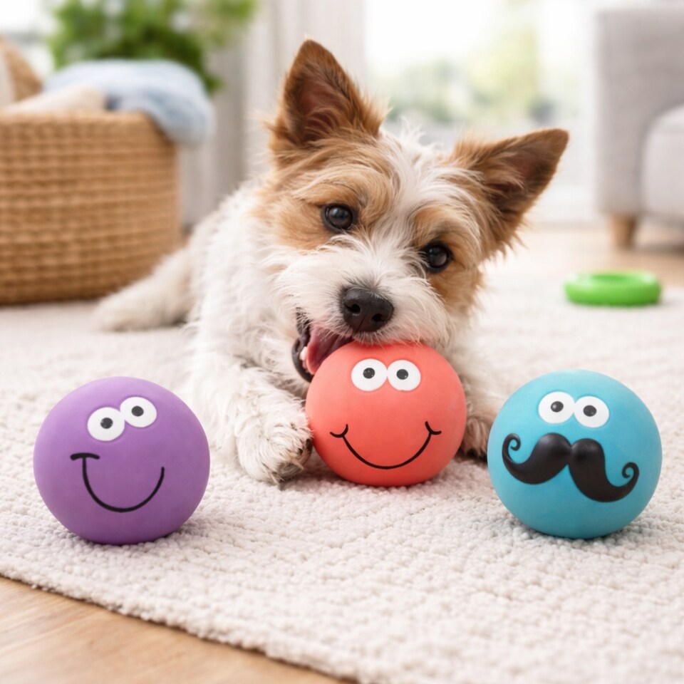 image 1 of Set of 3 Squeaky Dog Balls Latex Pet Puppy Fetch Play Chew Smiley Face Design