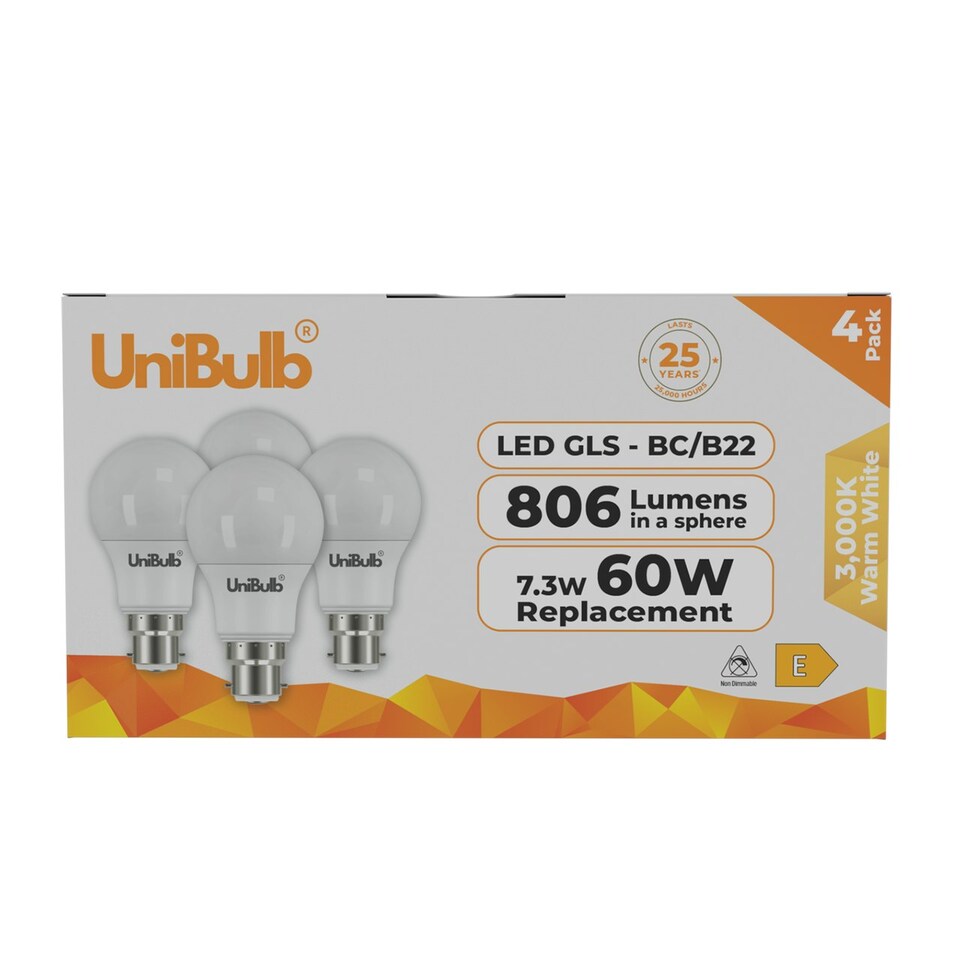 image 1 of UniBulb LED GLS B22 806lm 7.3W 3000K (Warm White) Light Bulb - Pack of 4