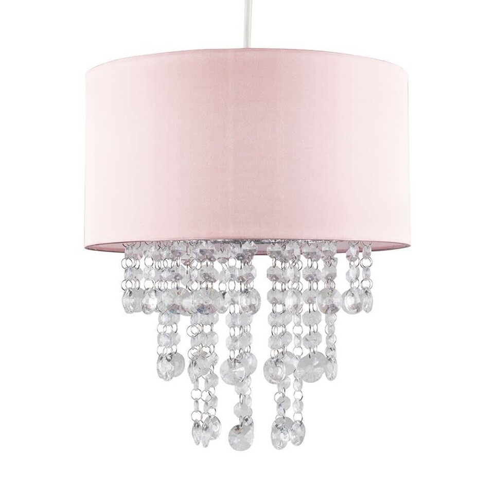 image 1 of ValueLights Pink Cylinder Ceiling Pendant Light Shade with Clear Acrylic Jewel Effect Droplets - Complete with a 10w LED GLS Bulb 3000K Warm White