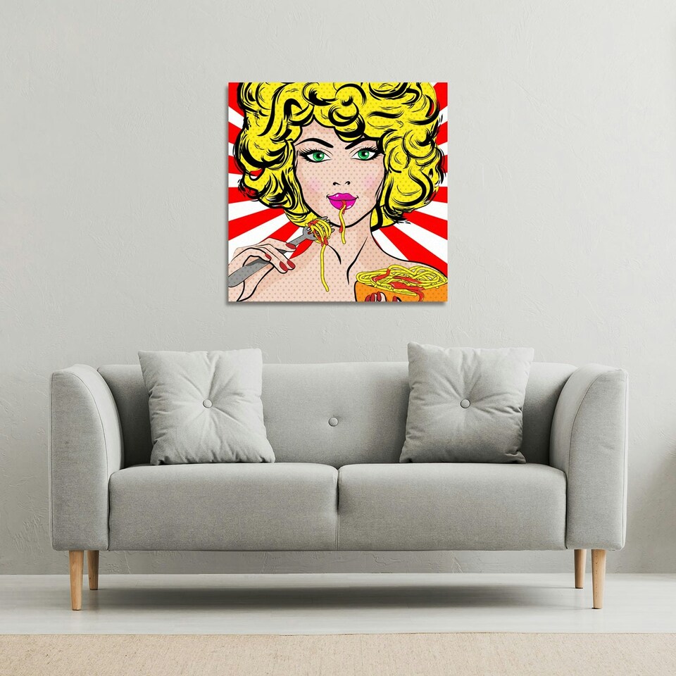 image 1 of Pop Art Young woman Eating Spaghetti (Canvas Print) 127 x 127 x 4cm