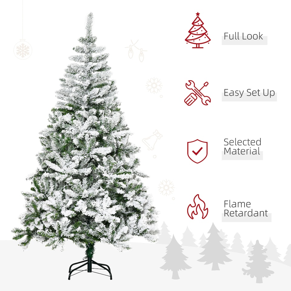 image 1 of HOMCOM 6 Ft Snow Flocked Artificial Christmas Tree mas Pine Tree with Realistic Branches, Auto Open and Steel Base, Green