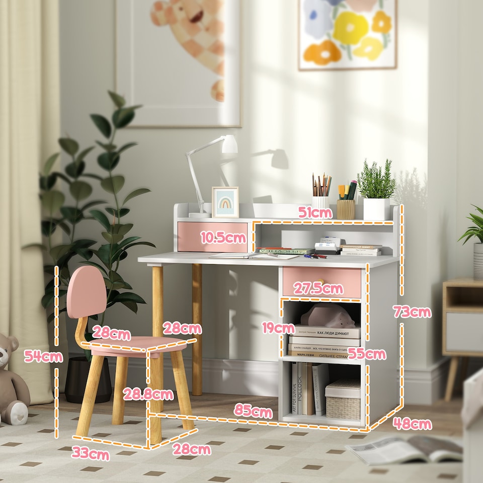 image 1 of AIYAPLAY Kids Desk and Chair Set for Studying, Reading, Drawing, Pink