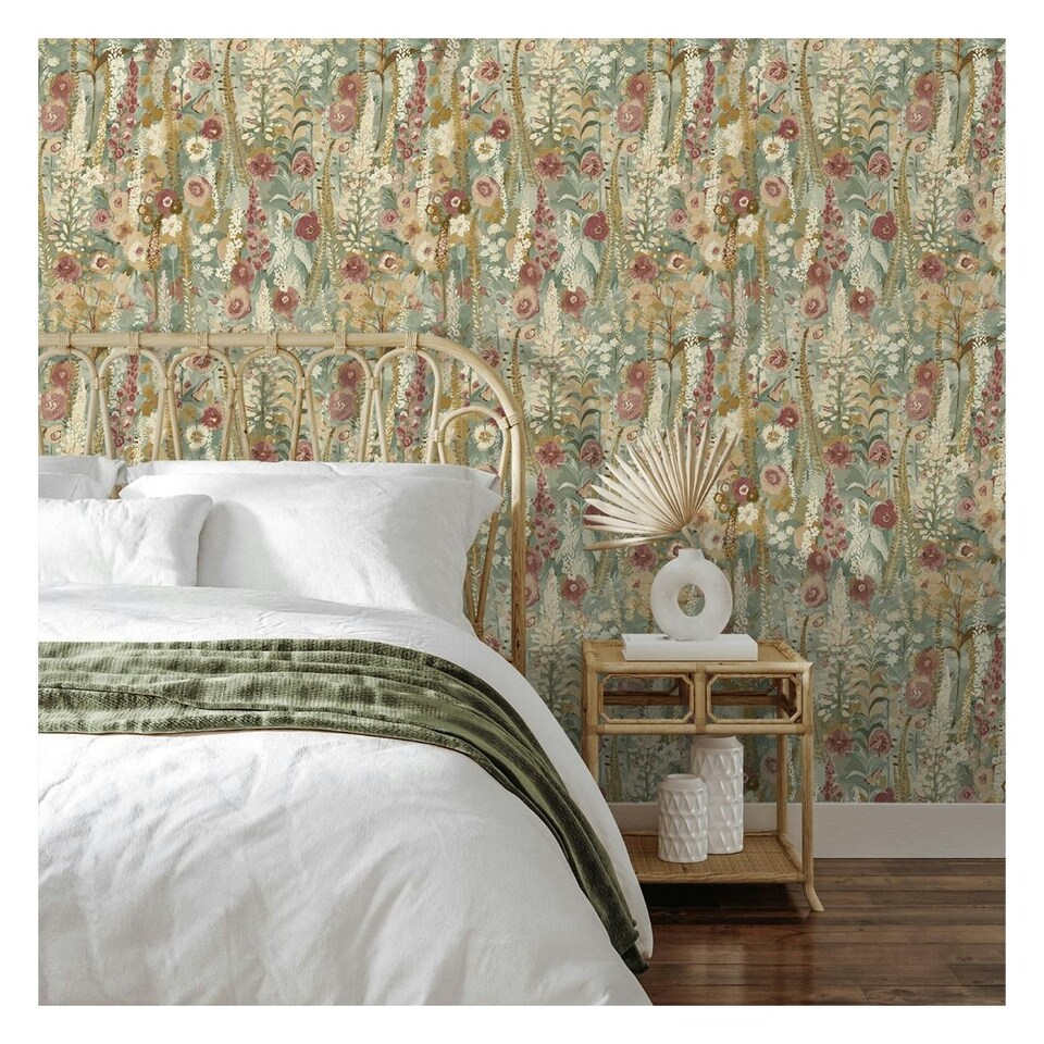 image 1 of Grandeco Delphinium Vinyl Textured Wallpaper - Pink/Sage Green - 10.5m x 53cm | Pink