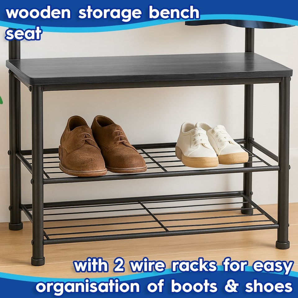 image 1 of Harbour Housewares Square Steel Coat Rack with Shoe Storage Bench - Black/Black | Black | Black/Black | One Size