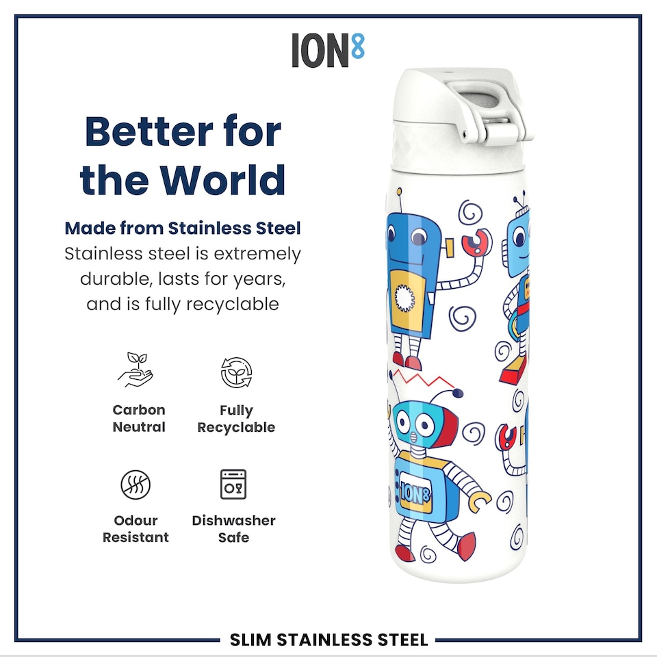 image 1 of Leak Proof Slim Water Bottle, Stainless Steel, 600ml (20oz) | White | Robots | One Size