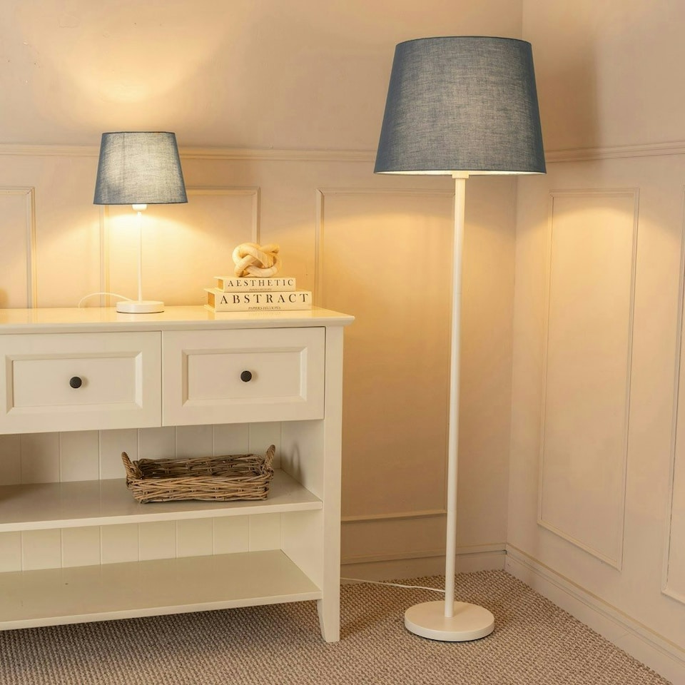 image 1 of ValueLights Charlie White Floor Lamp Grey Taper Shade 