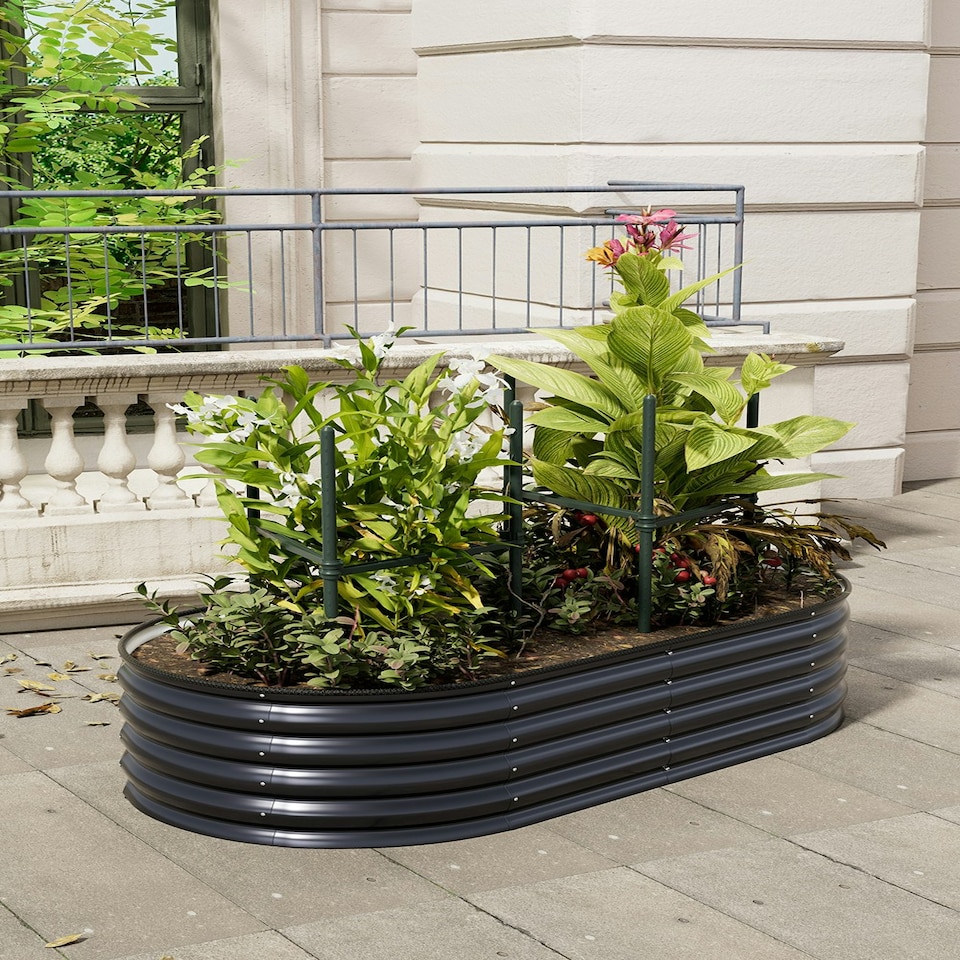 image 1 of Living and Home Oval Galvanized Steel Raised Garden Bed- Black
