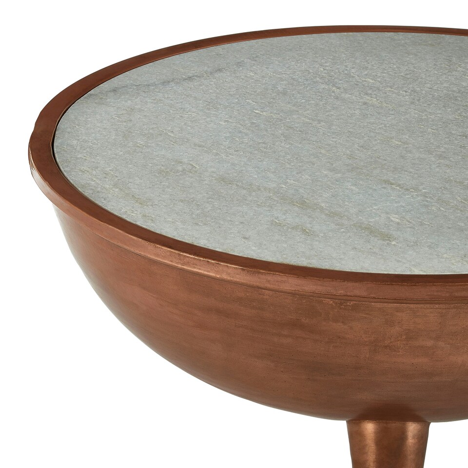 image 1 of Interiors by Premier Copper Finish White Marble Top Table, Round Drum Shaped Accent Table, Natural Marble Surface Brown