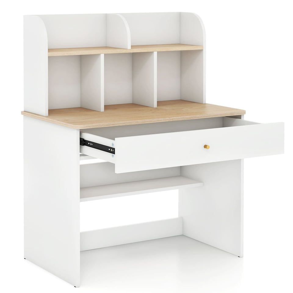 image 1 of COSTWAY Kids Wooden Study Desk Children Writing Table with Hutch & Drawer