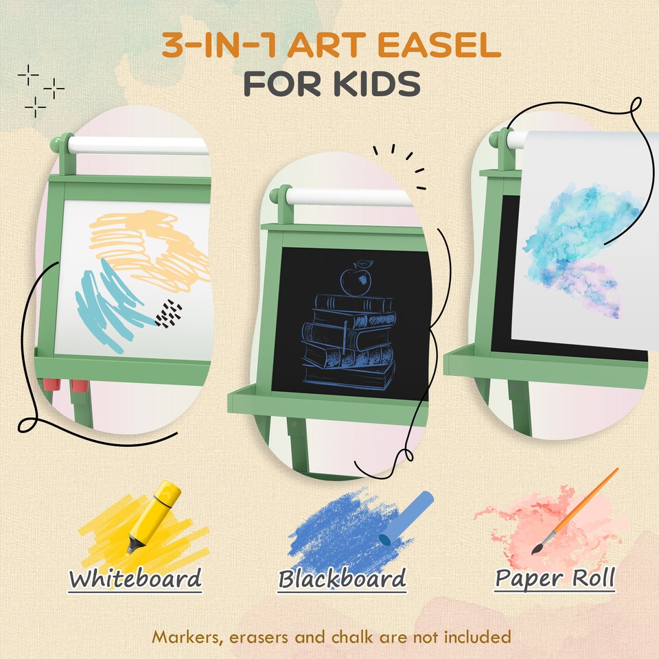 image 1 of AIYAPLAY Double-Sided Art Easel for Kids w/ Paper Roll, Storage Baskets Green